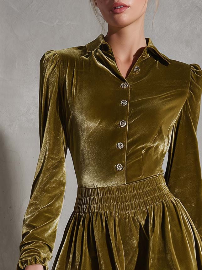 Vintage Olive Green Velvet Long Sleeve Collared Puff Shoulder Smocked Waist Mini Dress