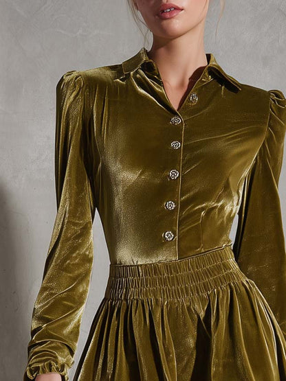 Vintage Olive Green Velvet Long Sleeve Collared Puff Shoulder Smocked Waist Mini Dress