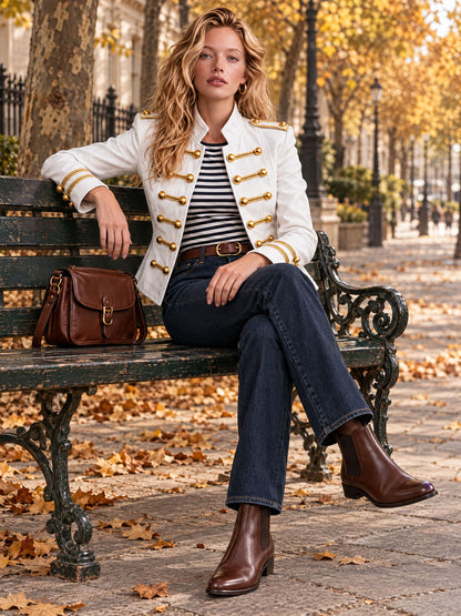 Classic Retro Military Style White Double-breasted Denim Jacket