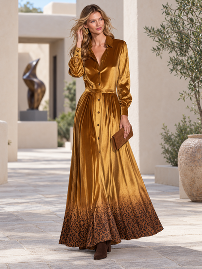 Vintage Gold Velvet Leopard Hem Button-Front Long-Sleeve Shirt Maxi Dress