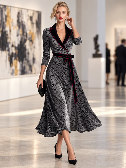 Vintage Gray Leopard Print Velvet Belted Lapel Wrap Midi Dress