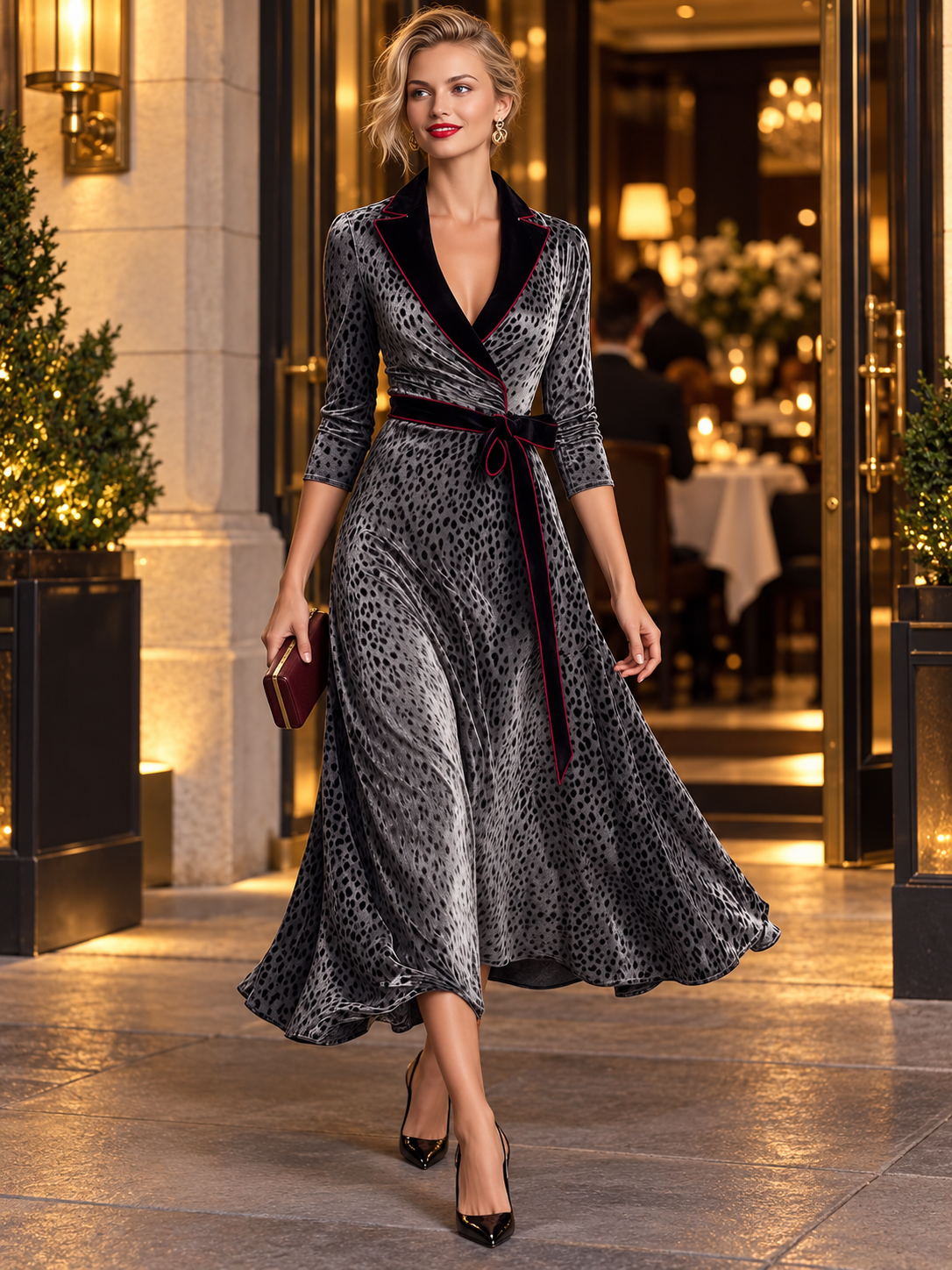Vintage Gray Leopard Print Velvet Belted Lapel Wrap Midi Dress