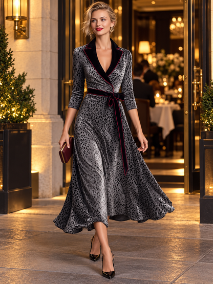 Vintage Gray Leopard Print Velvet Belted Lapel Wrap Midi Dress