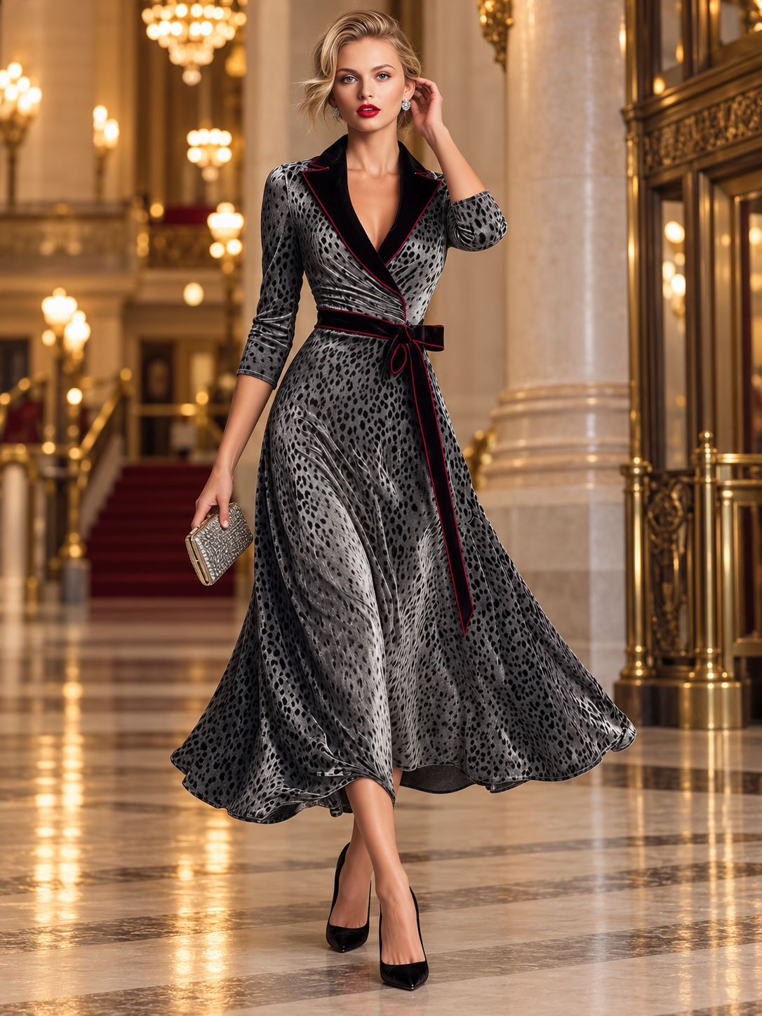 Vintage Gray Leopard Print Velvet Belted Lapel Wrap Midi Dress