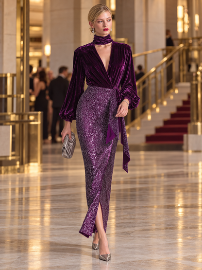 Elegant Plum Velvet Wrap Top Sequin Maxi Skirt Two Piece Set