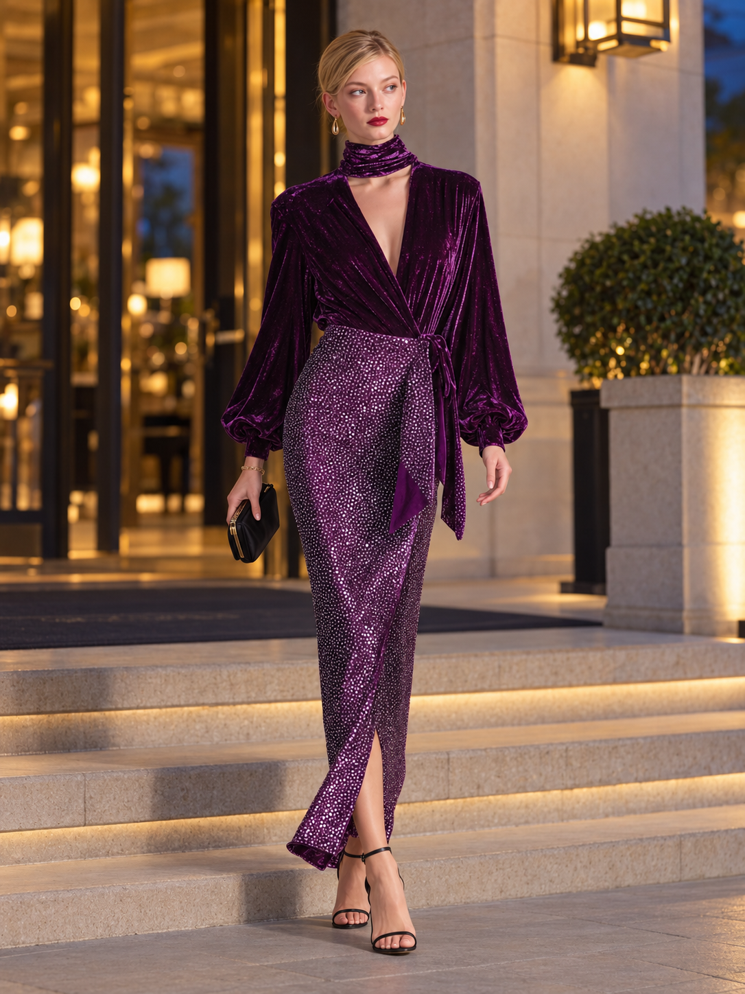 Elegant Plum Velvet Wrap Top Sequin Maxi Skirt Two Piece Set