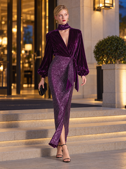 Elegant Plum Velvet Wrap Top Sequin Maxi Skirt Two Piece Set