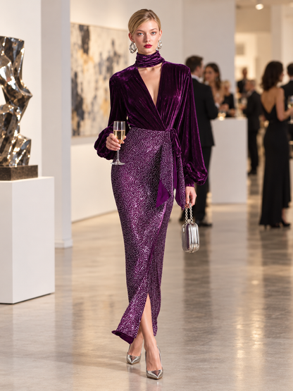 Elegant Plum Velvet Wrap Top Sequin Maxi Skirt Two Piece Set