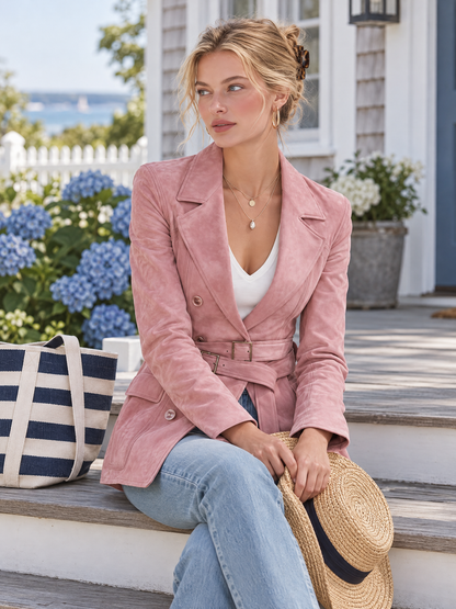 Vintage Elegant Pink Faux Suede Lapel Belted Jacket For Women