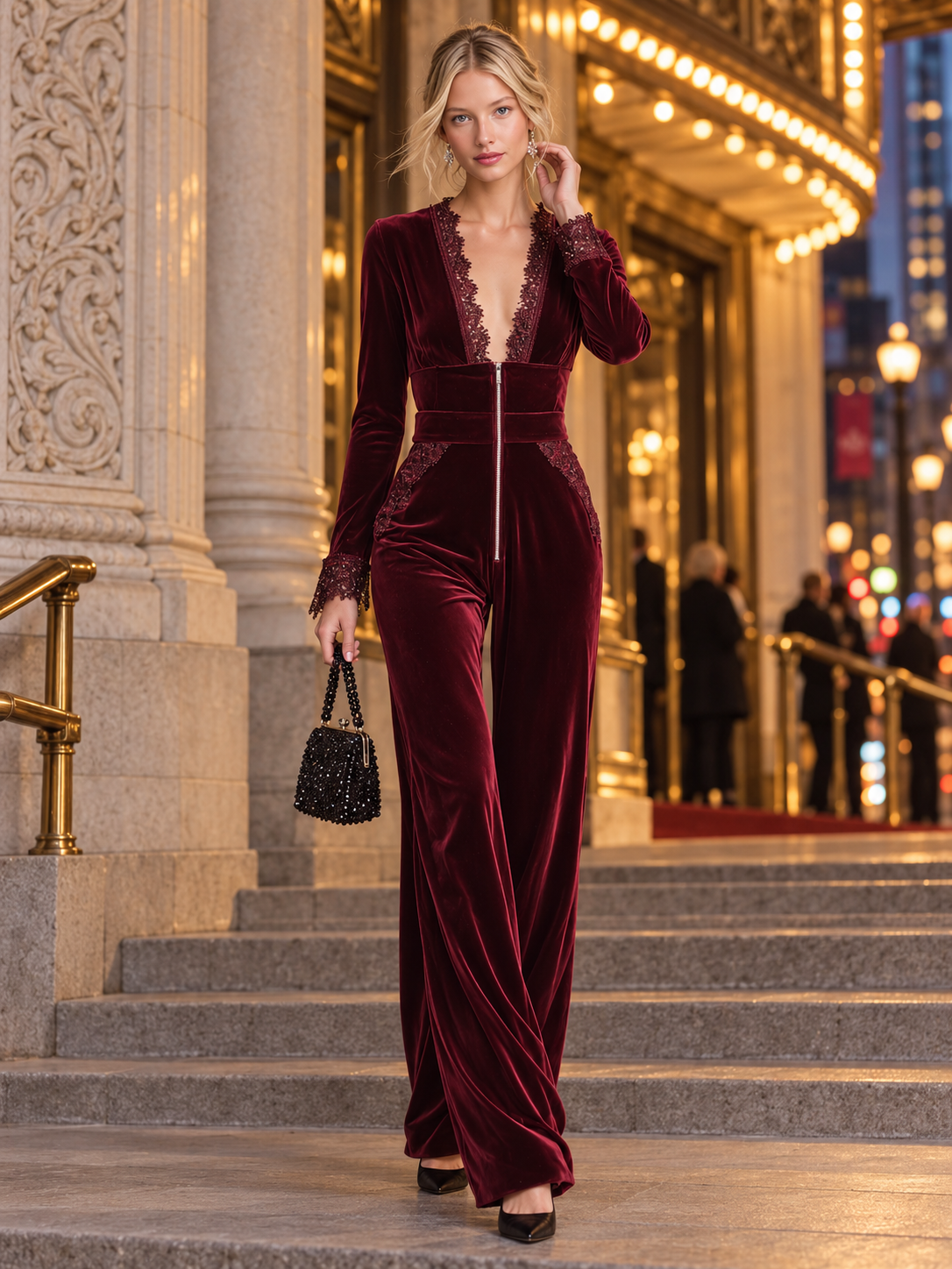Elegant Burgundy Velvet Long Sleeve Lace Trim V Neck Wide Leg Women Jumpsuit