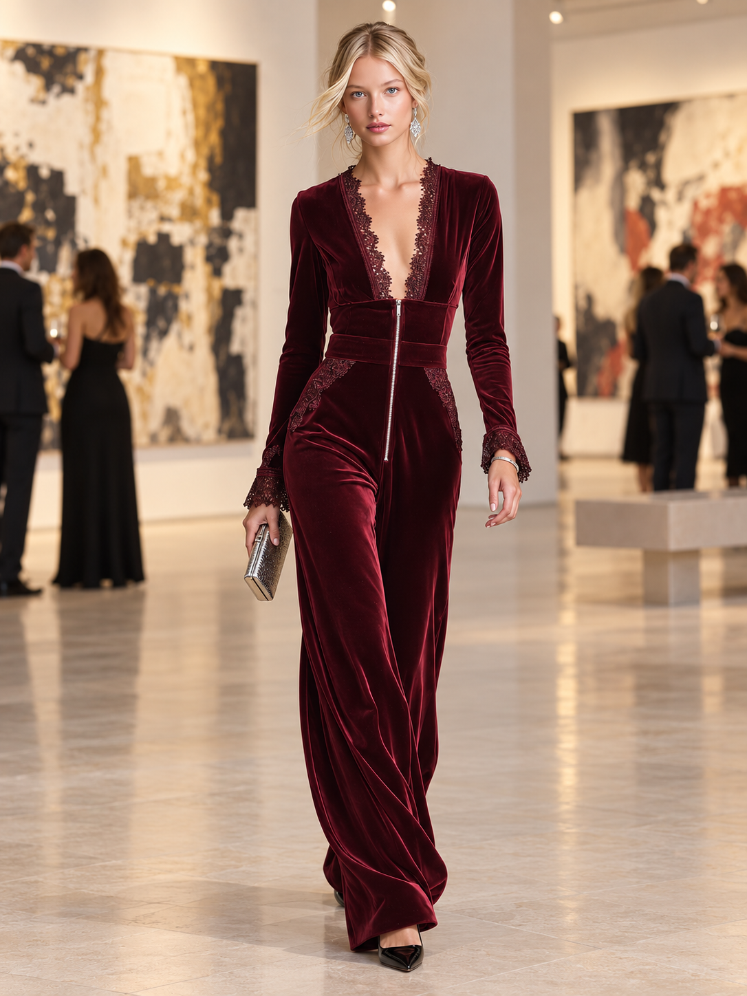Elegant Burgundy Velvet Long Sleeve Lace Trim V Neck Wide Leg Women Jumpsuit