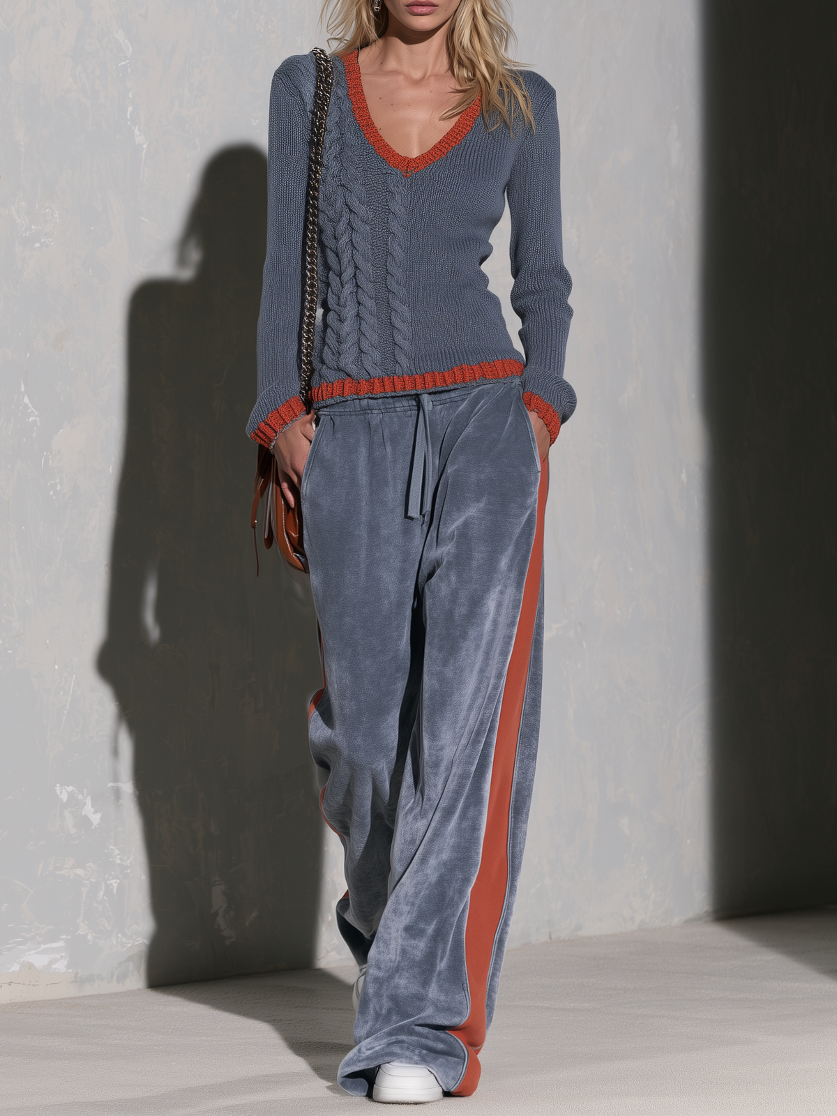 Retro Sporty Cable Knit V-Neck Sweater And Velvet Wide-Leg Pants Matching Set