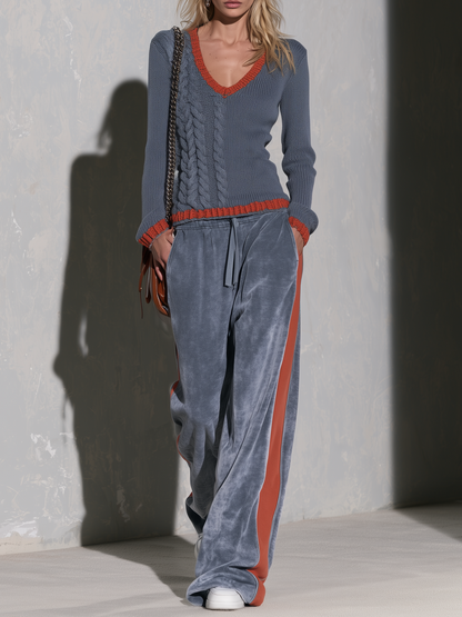 Retro Sporty Cable Knit V-Neck Sweater And Velvet Wide-Leg Pants Matching Set