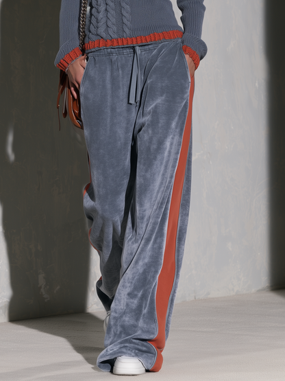 Retro Sporty Cable Knit V-Neck Sweater And Velvet Wide-Leg Pants Matching Set