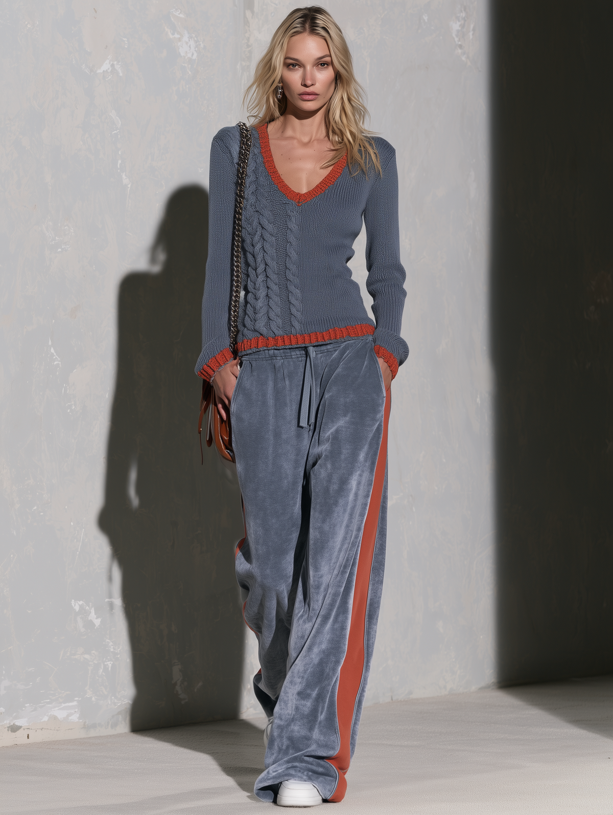Retro Sporty Cable Knit V-Neck Sweater And Velvet Wide-Leg Pants Matching Set