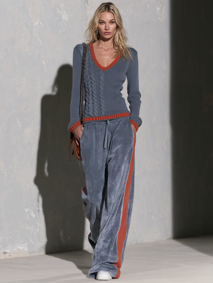 Retro Sporty Cable Knit V-Neck Sweater And Velvet Wide-Leg Pants Matching Set