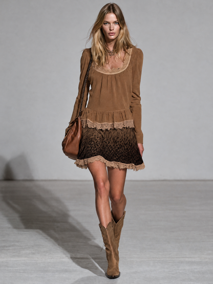 Brown Long-Sleeve Retro Western Faux Suede Lace Trim Leopard Hem Mini Dress For Women