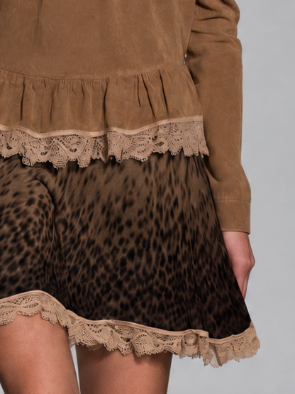 Brown Long-Sleeve Retro Western Faux Suede Lace Trim Leopard Hem Mini Dress For Women