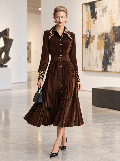 Vintage Leopard Collar Brown Faux Suede Pleated Belted Long Sleeve Midi Shirt Dress
