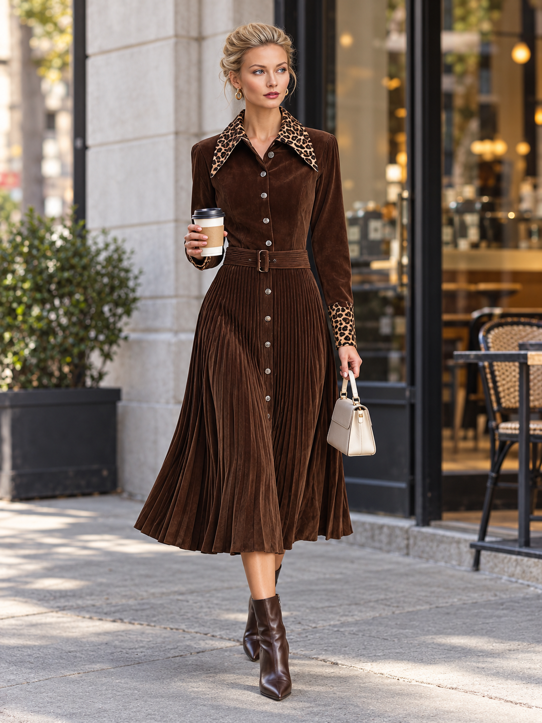 Vintage Leopard Collar Brown Faux Suede Pleated Belted Long Sleeve Midi Shirt Dress