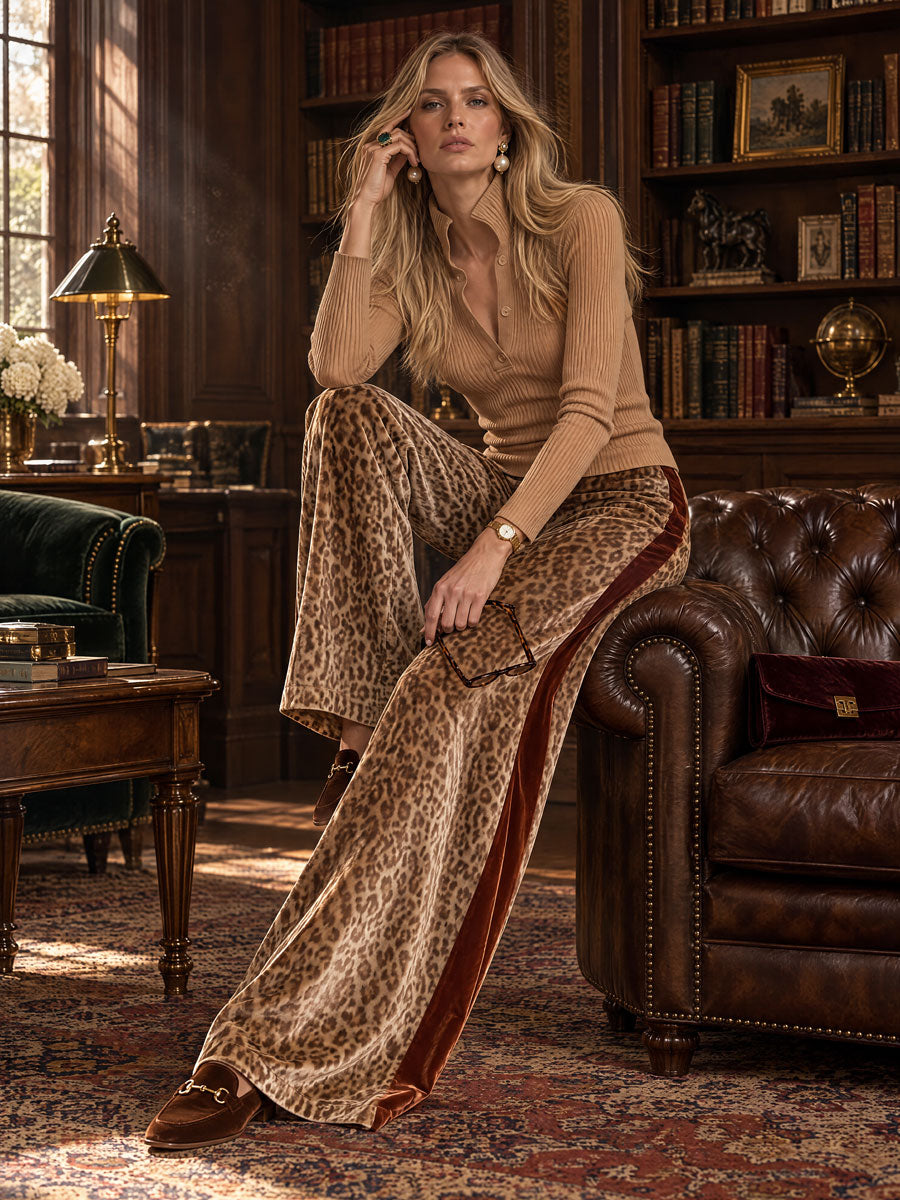 Fashionable Retro Khaki Knit Top And Velvet Leopard Print Pants Set