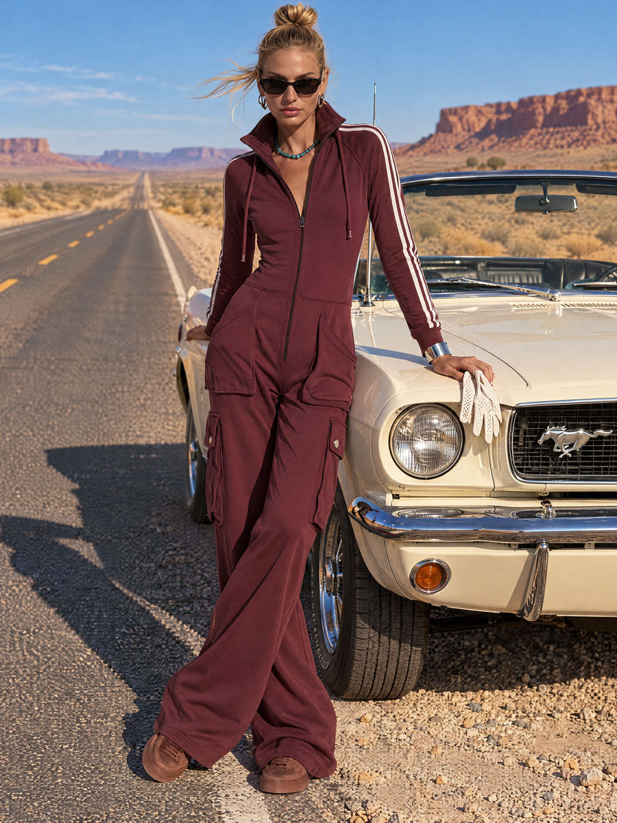 Fashionable Retro Purple-brown Cotton Long-sleeved Jumpsuit