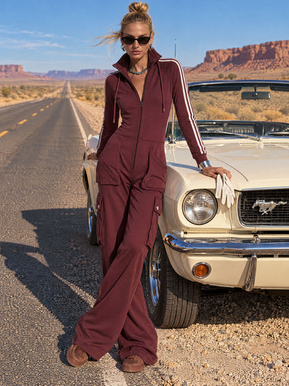 Fashionable Retro Purple-brown Cotton Long-sleeved Jumpsuit