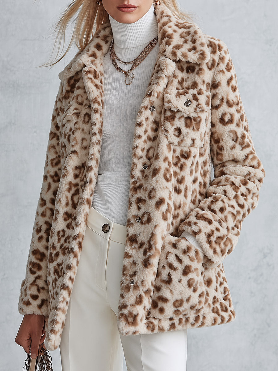 Women’s Warm Multi-Pocket Beige Leopard-Print Fleece Coat