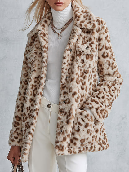 Women’s Warm Multi-Pocket Beige Leopard-Print Fleece Coat