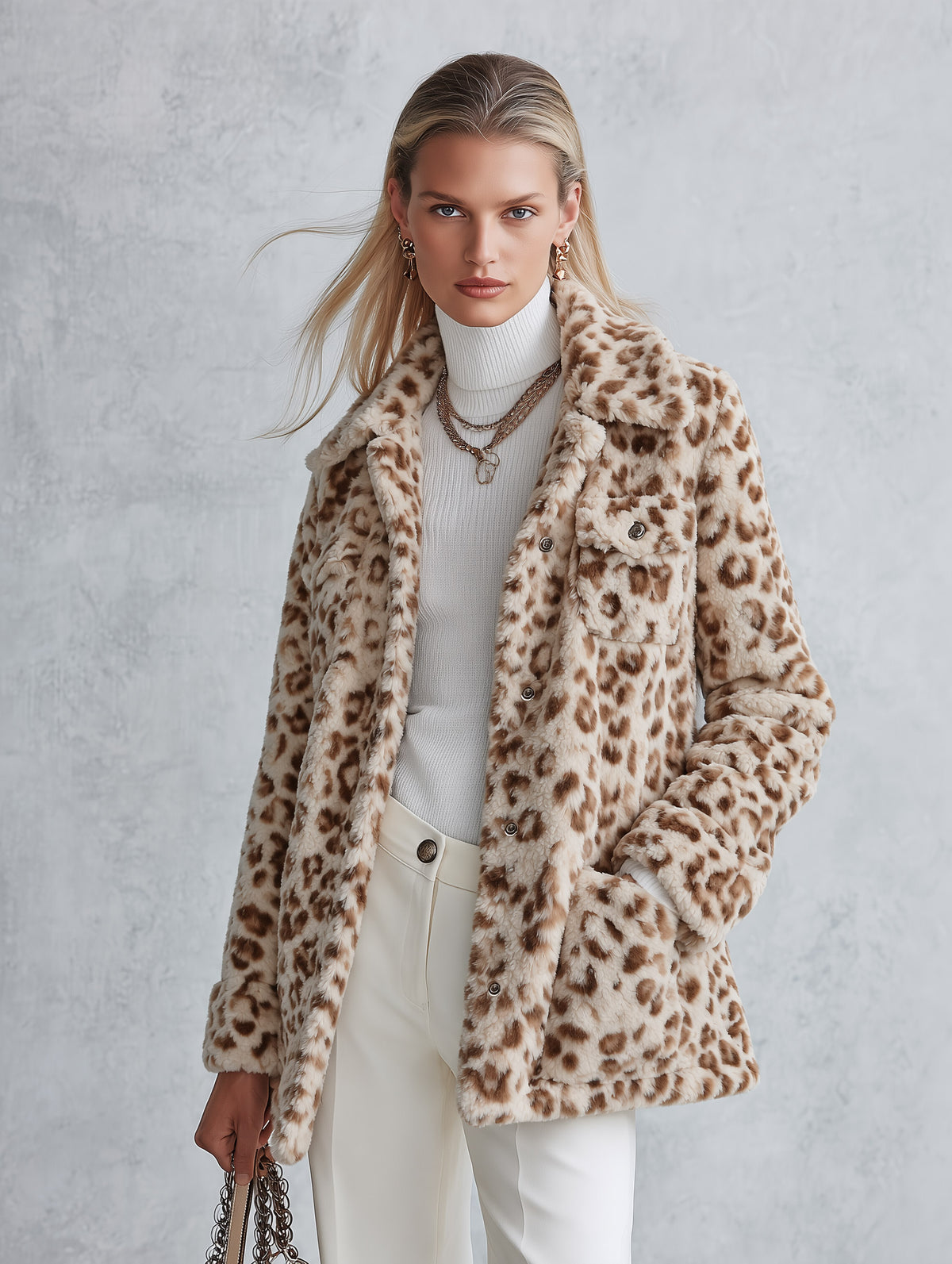 Women’s Warm Multi-Pocket Beige Leopard-Print Fleece Coat