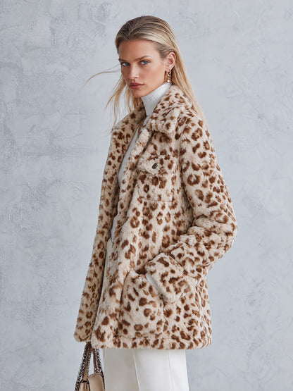 Women’s Warm Multi-Pocket Beige Leopard-Print Fleece Coat