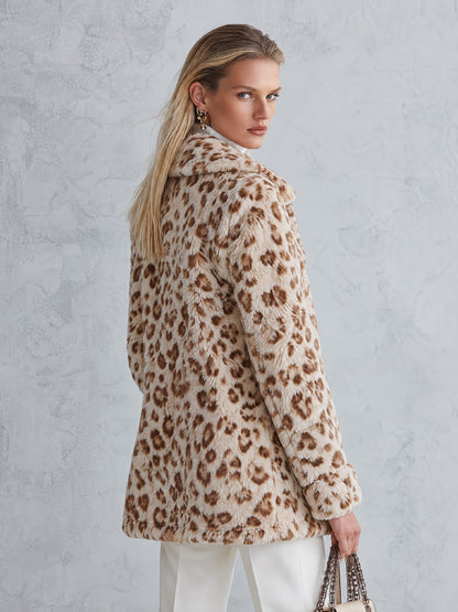 Women’s Warm Multi-Pocket Beige Leopard-Print Fleece Coat