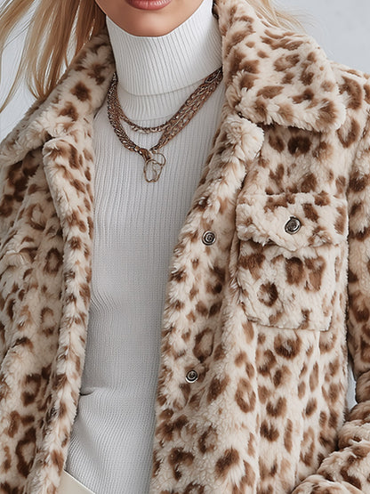 Women’s Warm Multi-Pocket Beige Leopard-Print Fleece Coat