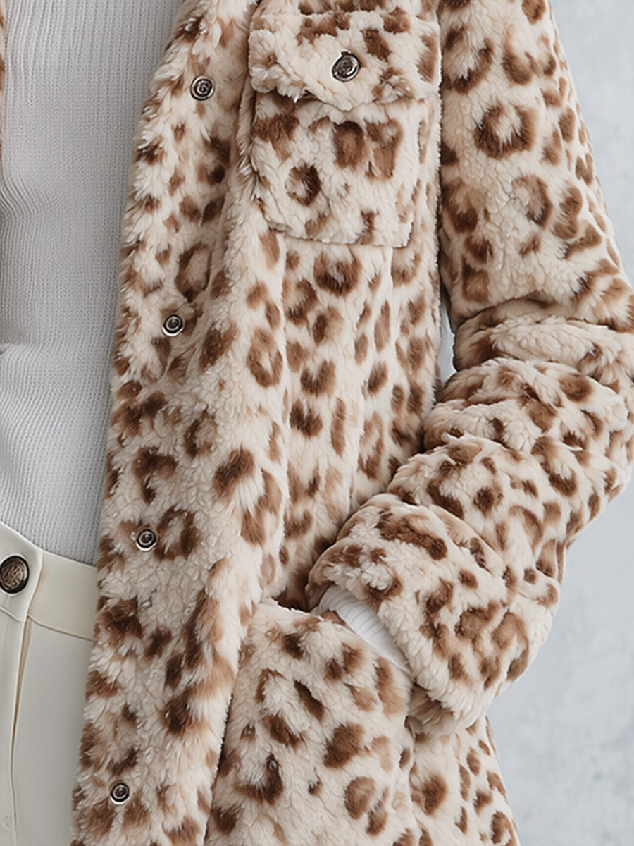 Women’s Warm Multi-Pocket Beige Leopard-Print Fleece Coat