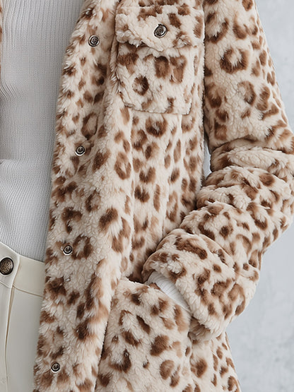 Women’s Warm Multi-Pocket Beige Leopard-Print Fleece Coat