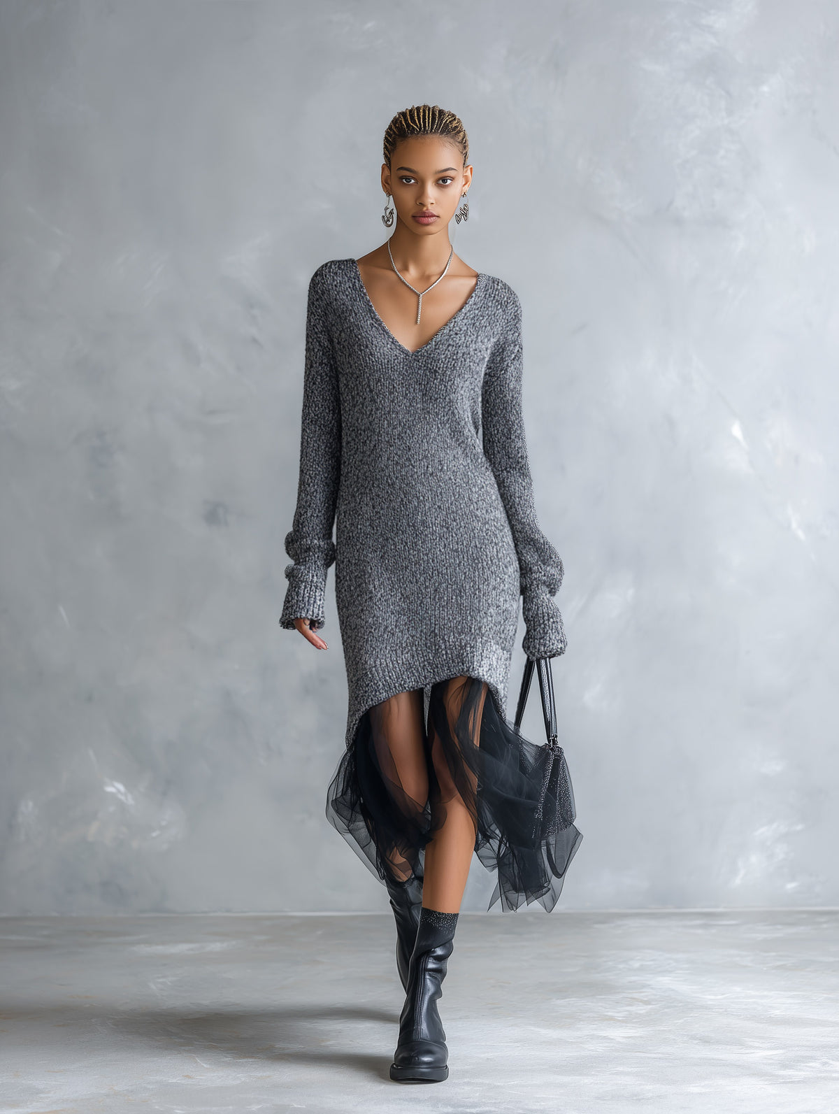 Elegant Sheer-hem Variegated Gray V-neck Knit Midi Dress