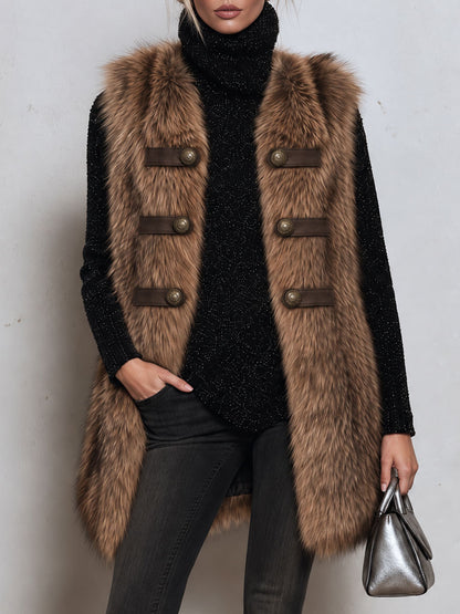 Classic Retro Double-breasted Decorative Button Brown Faux Fox Fur Vest
