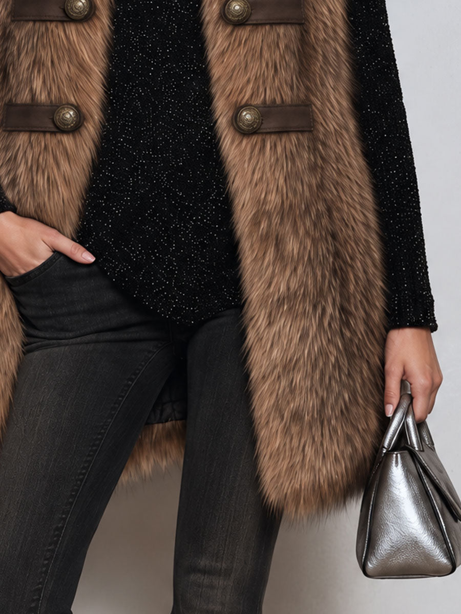 Classic Retro Double-breasted Decorative Button Brown Faux Fox Fur Vest