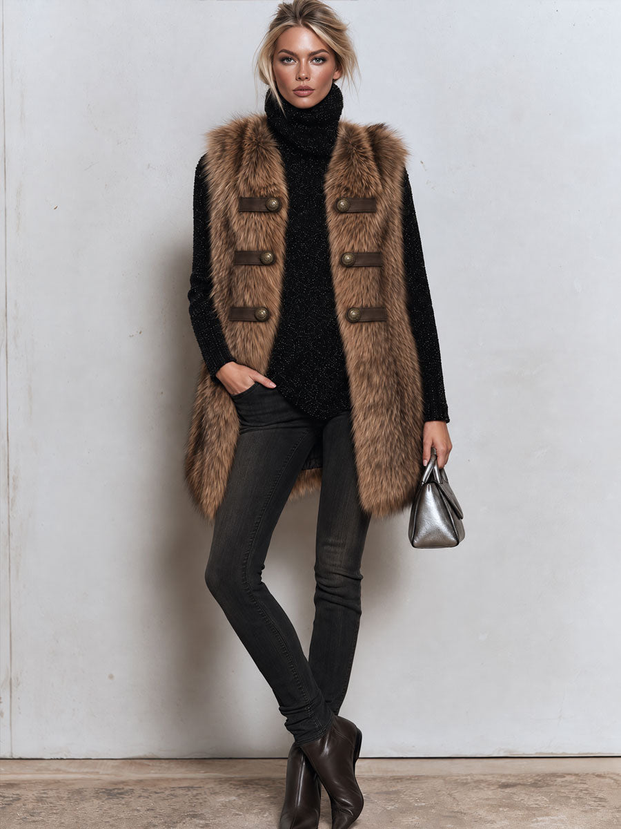 Classic Retro Double-breasted Decorative Button Brown Faux Fox Fur Vest