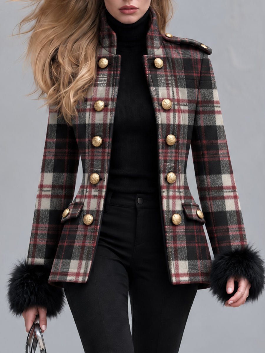 Classic Retro Faux Fur Cuff Double-breasted Plaid Wool Blend Coat