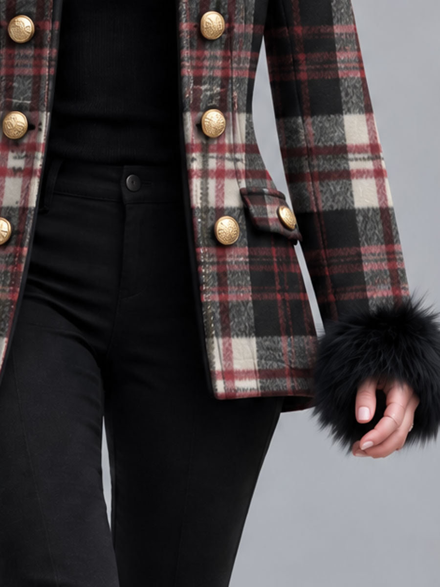 Classic Retro Faux Fur Cuff Double-breasted Plaid Wool Blend Coat