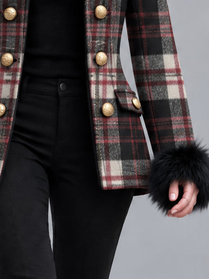 Classic Retro Faux Fur Cuff Double-breasted Plaid Wool Blend Coat