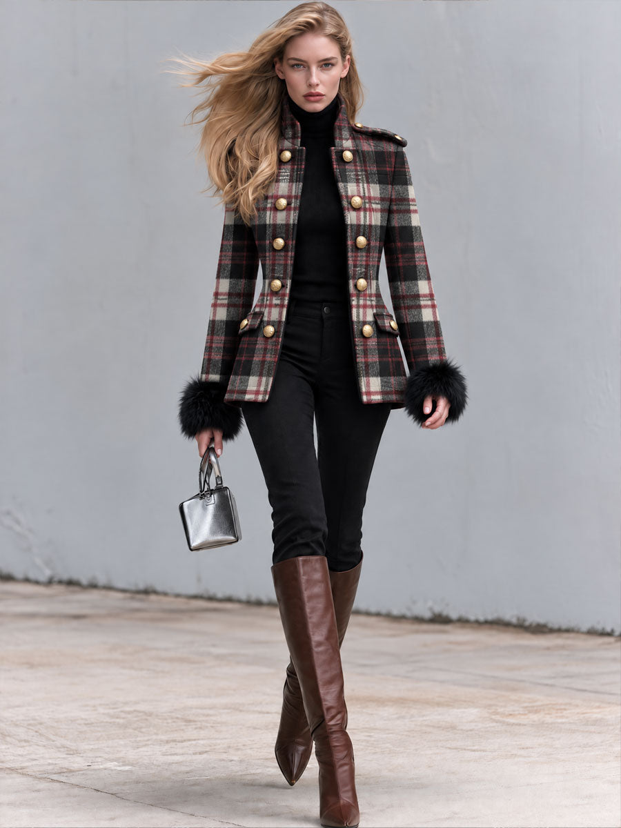Classic Retro Faux Fur Cuff Double-breasted Plaid Wool Blend Coat
