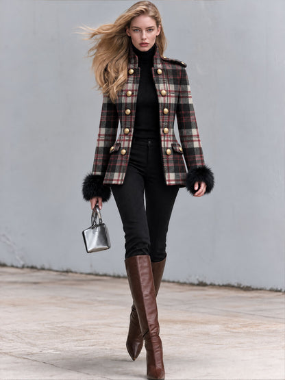 Classic Retro Faux Fur Cuff Double-breasted Plaid Wool Blend Coat