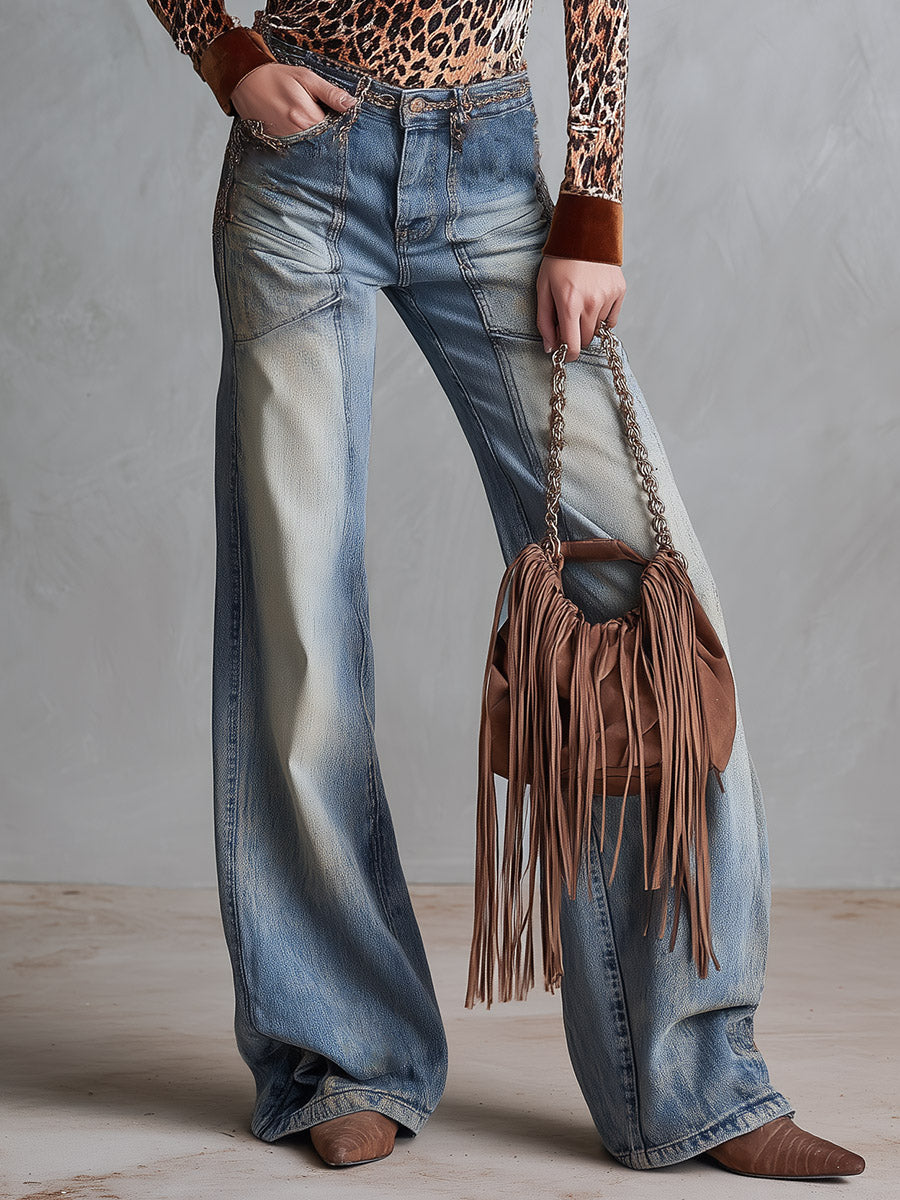 Vintage-wash Blue Straight-leg Jeans