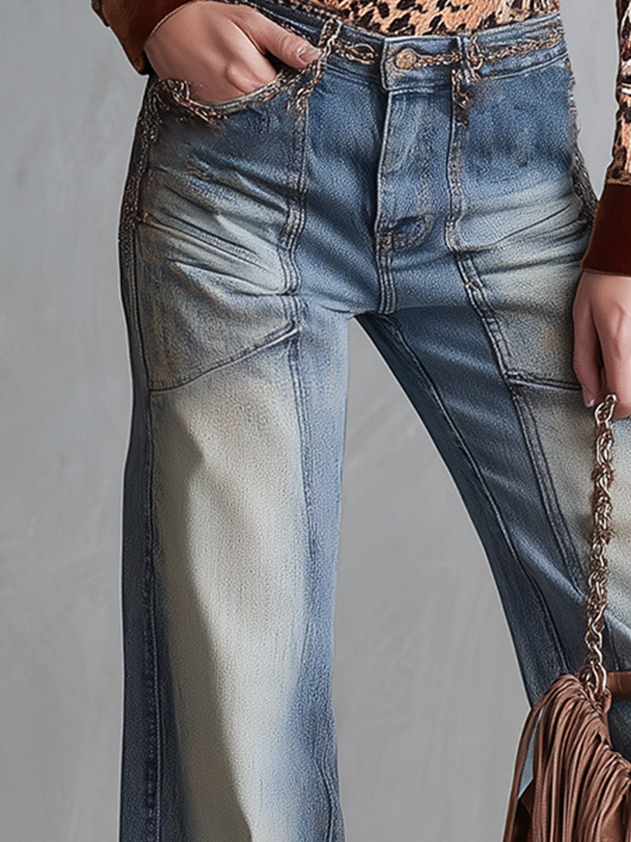 Vintage-wash Blue Straight-leg Jeans