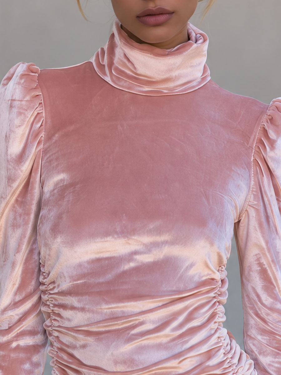 Retro-elegant Faux Fur Trim Pink Velvet Shirt