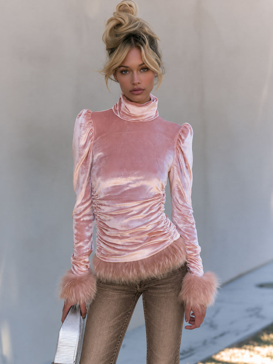 Retro-elegant Faux Fur Trim Pink Velvet Shirt