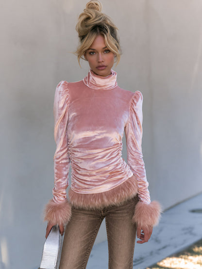 Retro-elegant Faux Fur Trim Pink Velvet Shirt