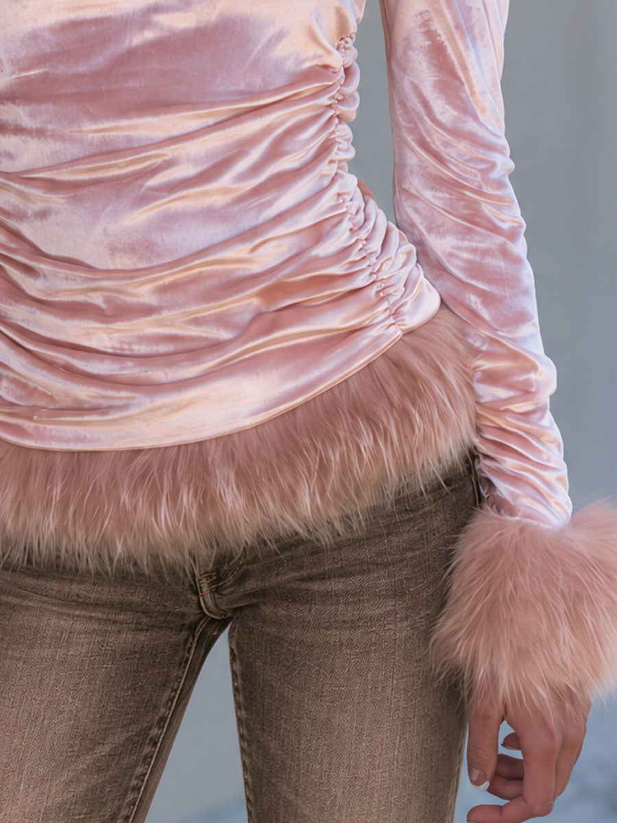 Retro-elegant Faux Fur Trim Pink Velvet Shirt